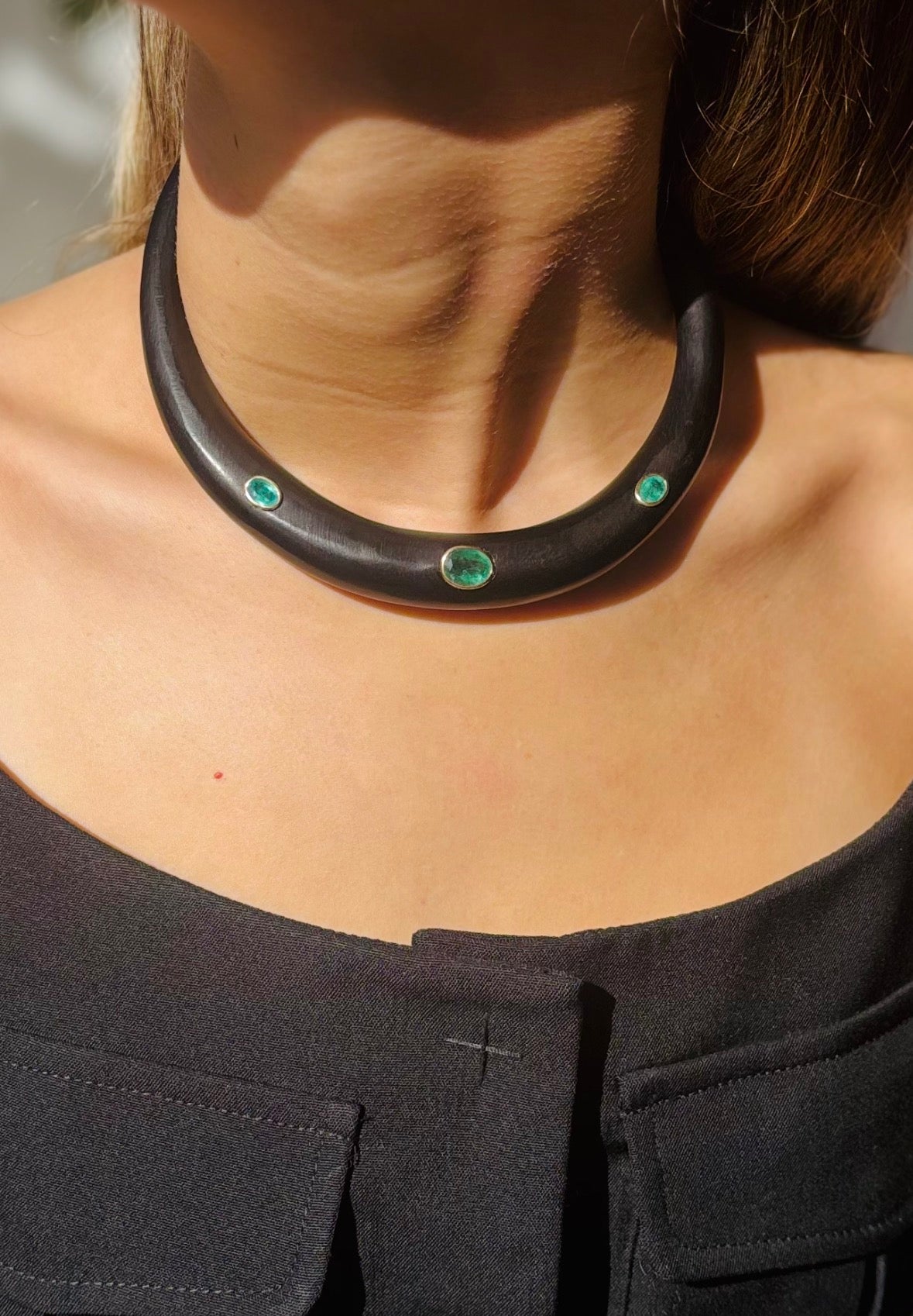 Wood Collar Necklace with Emeralds