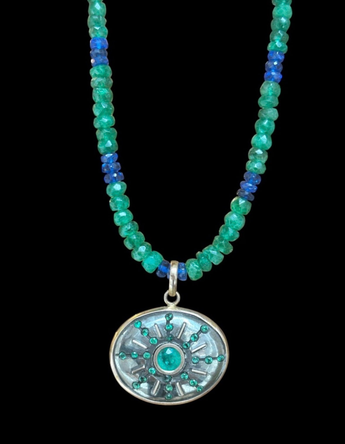 Emerald and Blue Sapphire Necklace, 16”