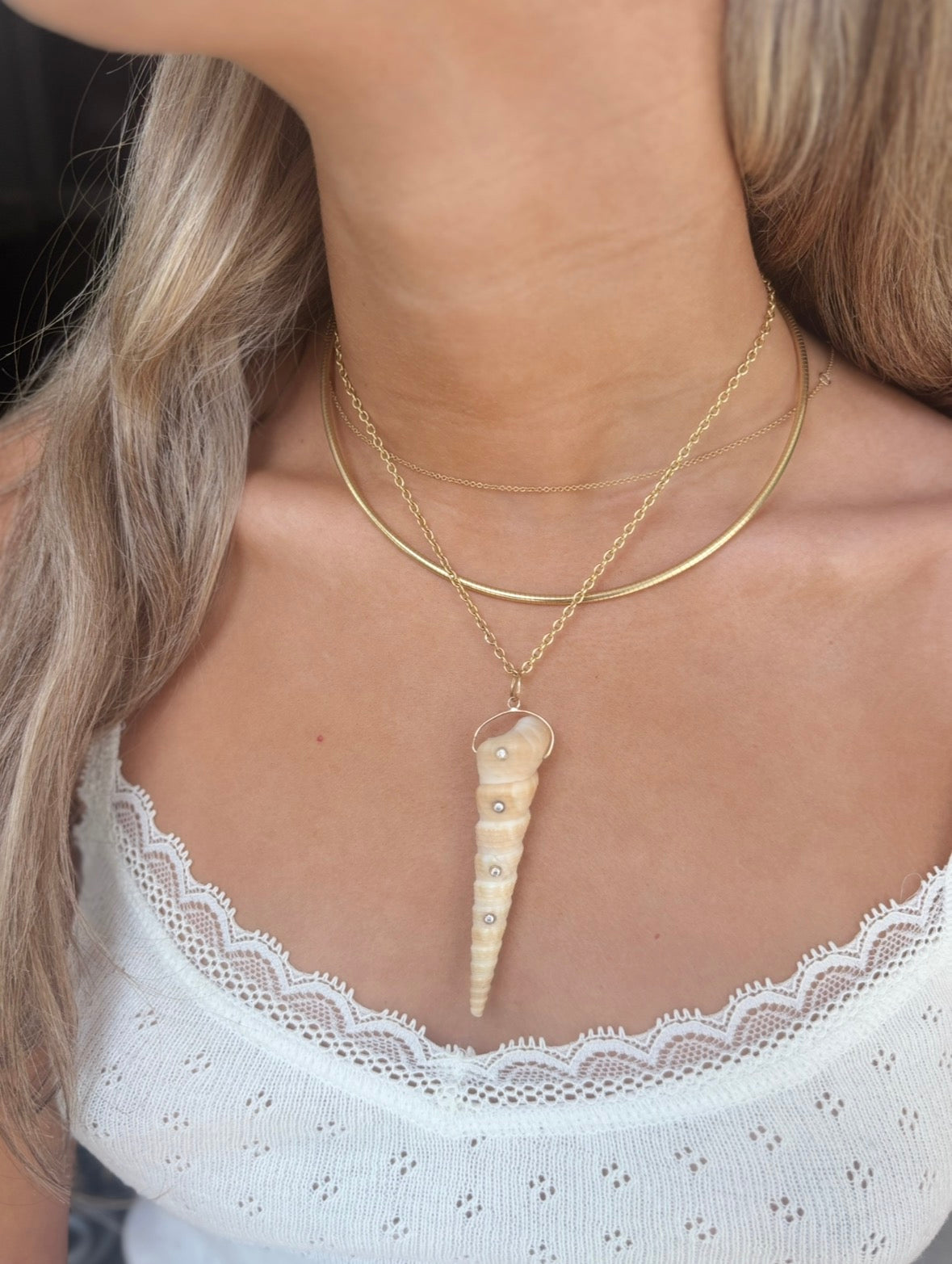 Natural Spiral Shell Pendant with Diamonds