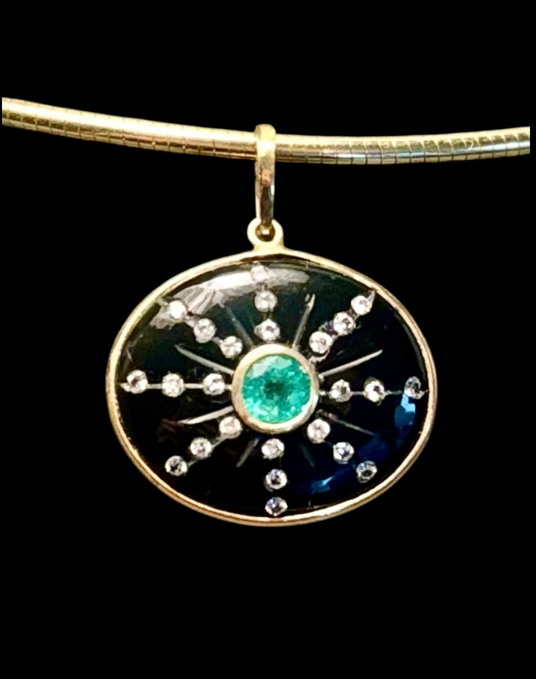 SOL Pendant, Black Onyx with Round Emerald and Diamond Sun Rays