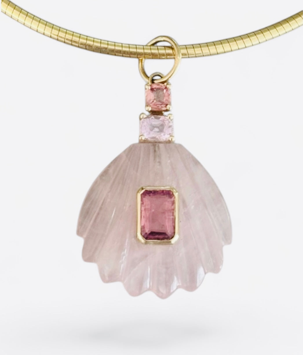 Rose Quartz Sea Shell Pendant with Pink Tourmaline & Spinel
