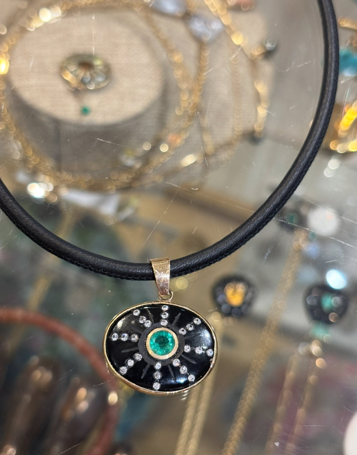 SOL Pendant, Black Onyx, Emerald & Diamonds