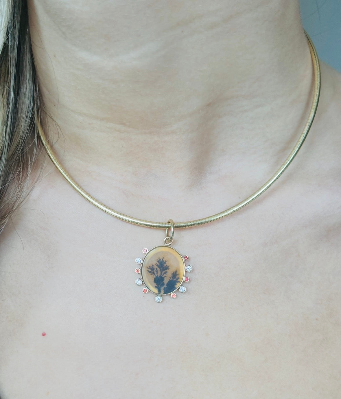 Dendritic Agate Pendant with Diamonds & Sapphires