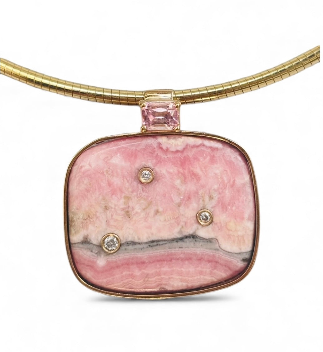 Rhodochrosite Pendant with Pink Spinel & Diamonds