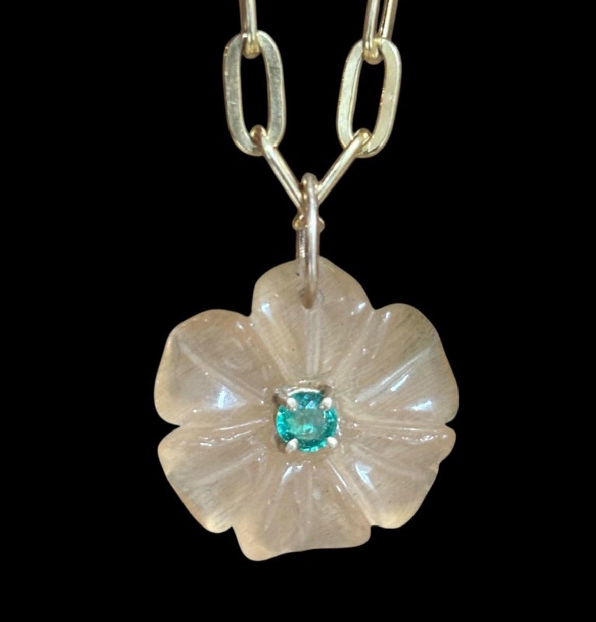 FLORA Pendant, Peach Moonstone with Emerald and 14k Gold