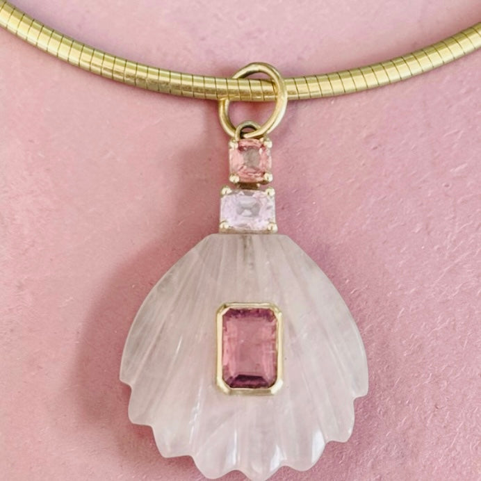 Rose Quartz Sea Shell Pendant with Pink Tourmaline & Spinel