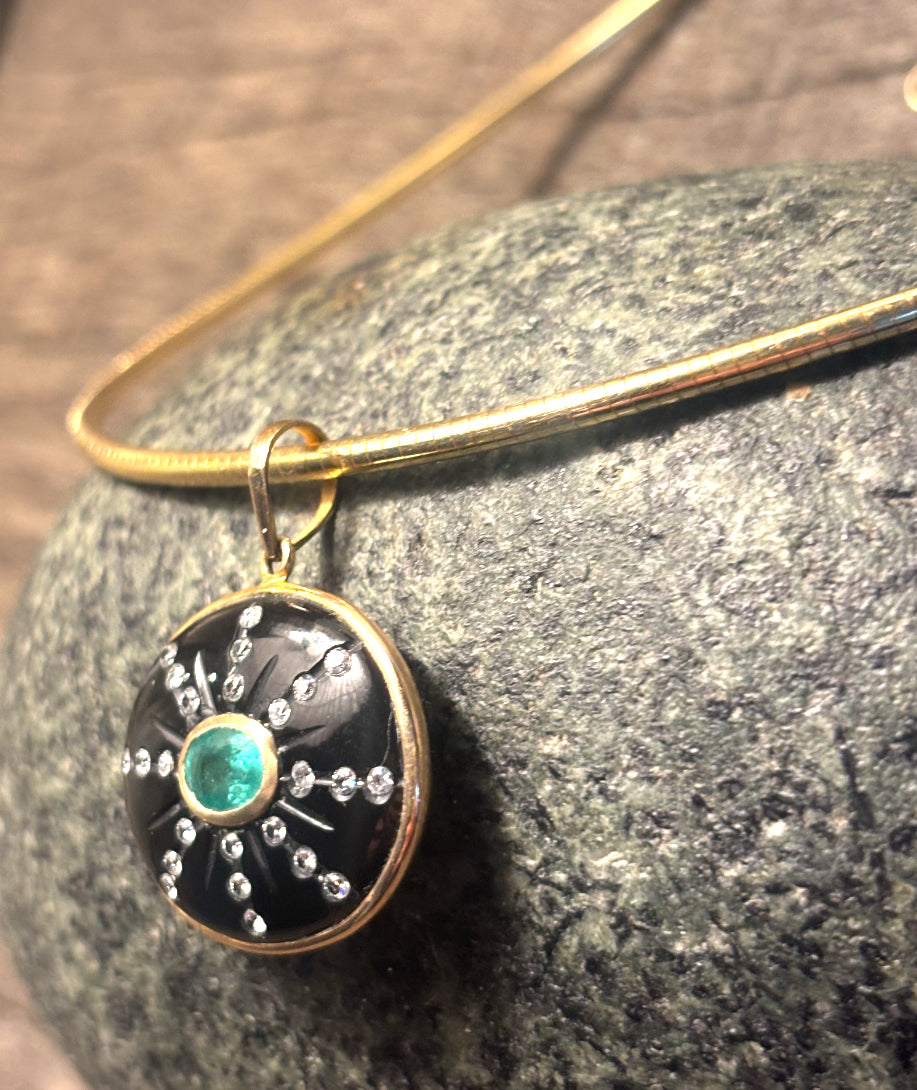 SOL Pendant, Black Onyx with Oval Emerald & Diamond Sunrays