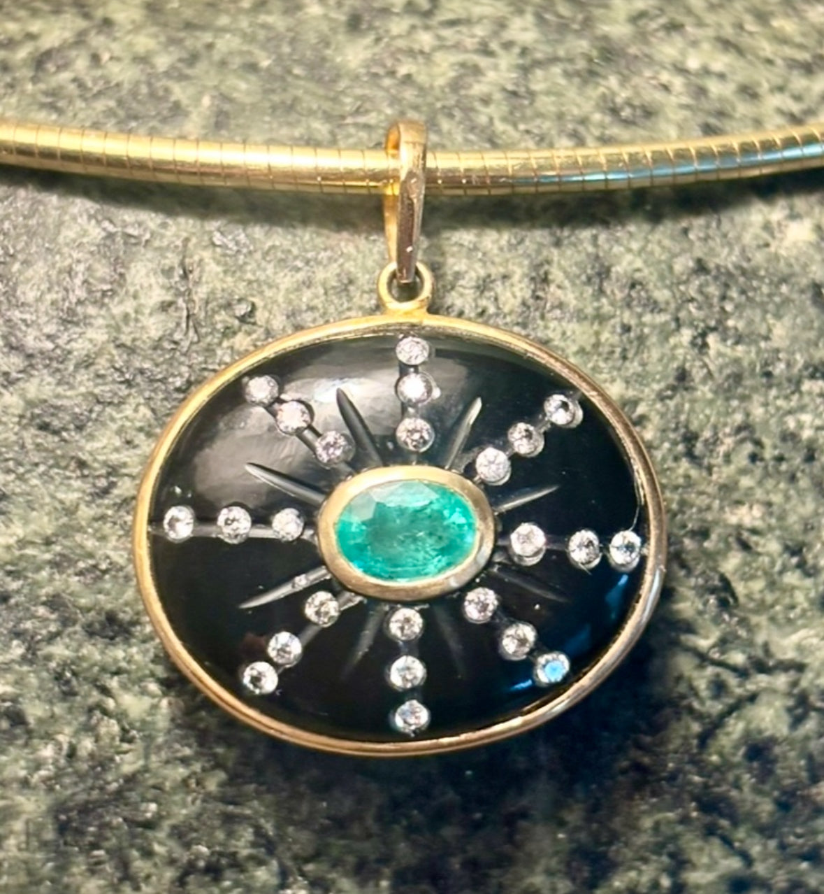SOL Pendant, Black Onyx with Oval Emerald & Diamond Sunrays