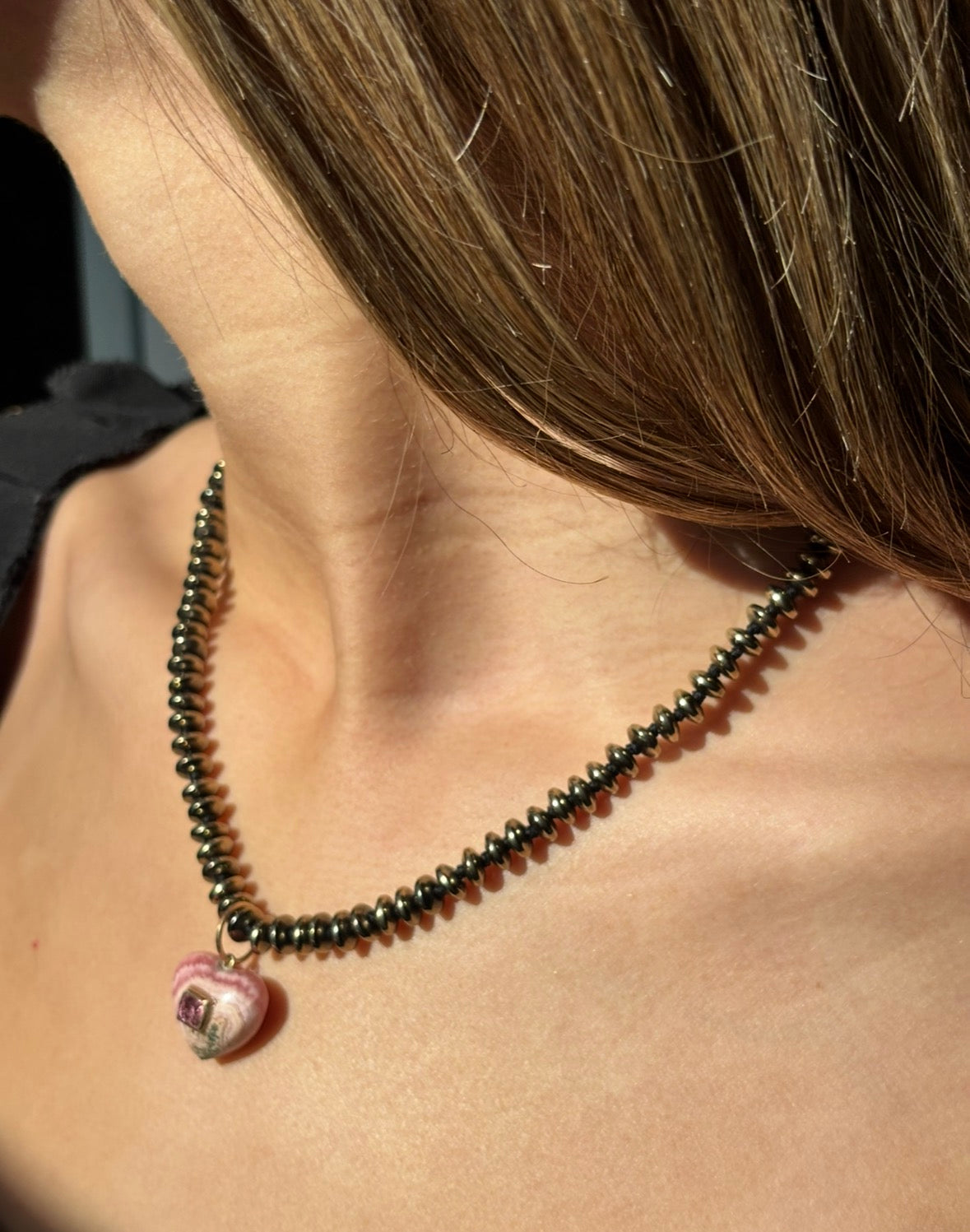 Rhodochrosite Heart Charm with Pink Spinel on a Pyrite Necklce
