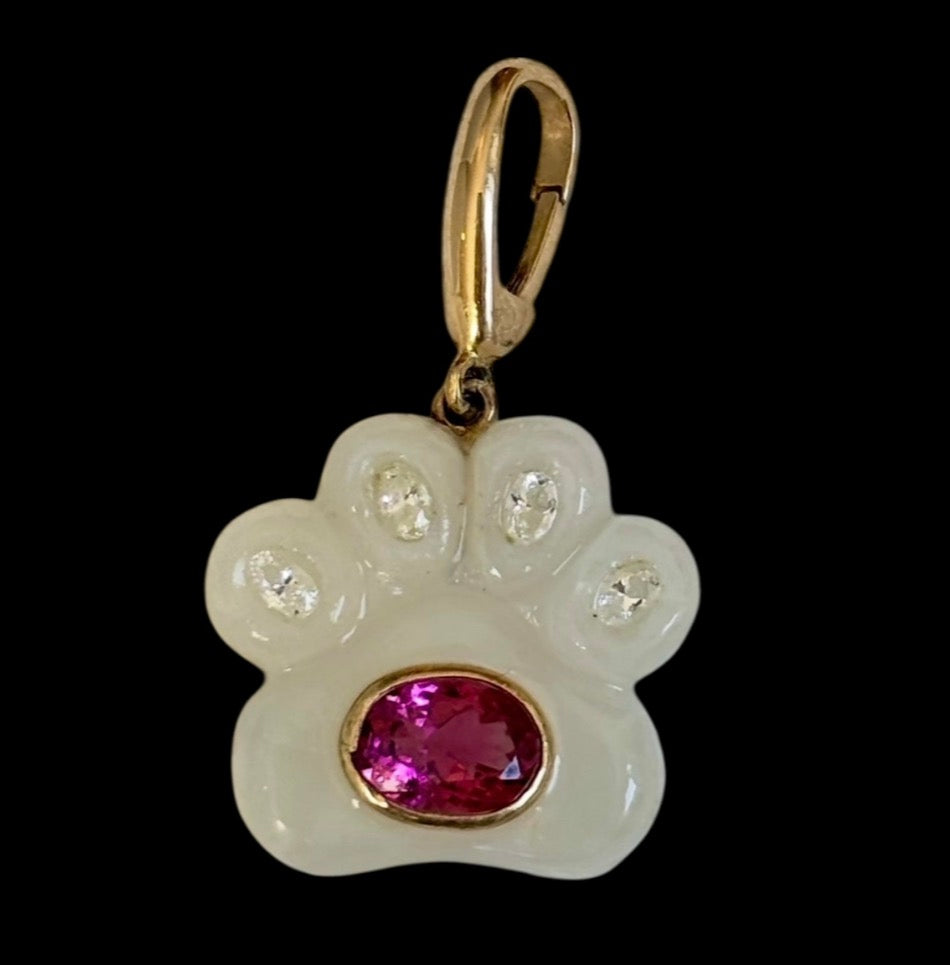 Dog Paw Pendant, Moonstone, Diamonds & Pink Tourmaline