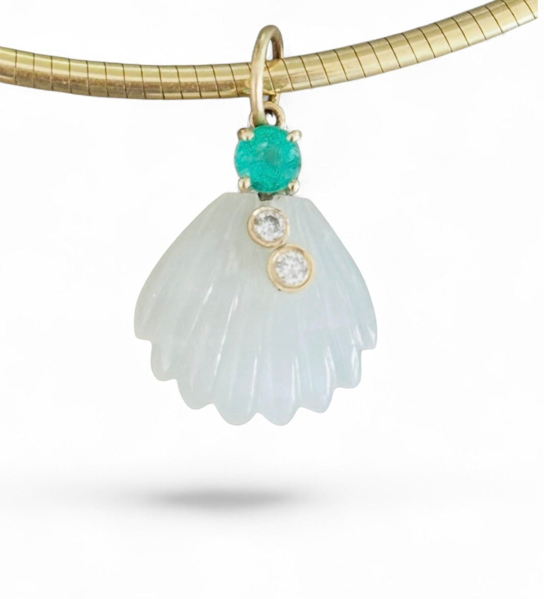 Moonstone Sea Shell Pendant with Diamonds & Emerald