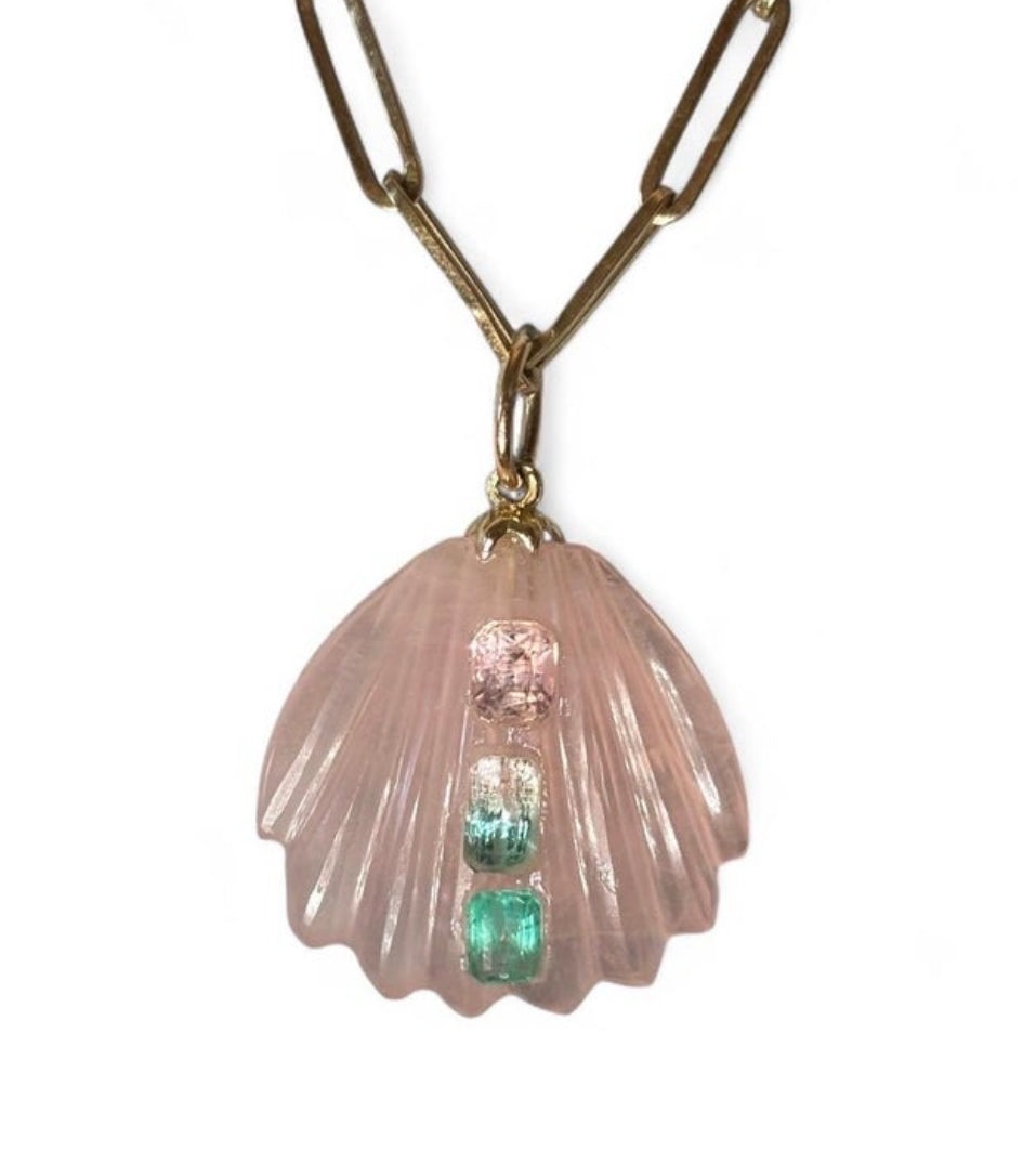Carved Shell Pendant: Rose Quartz with Tourmaline & Emerald
