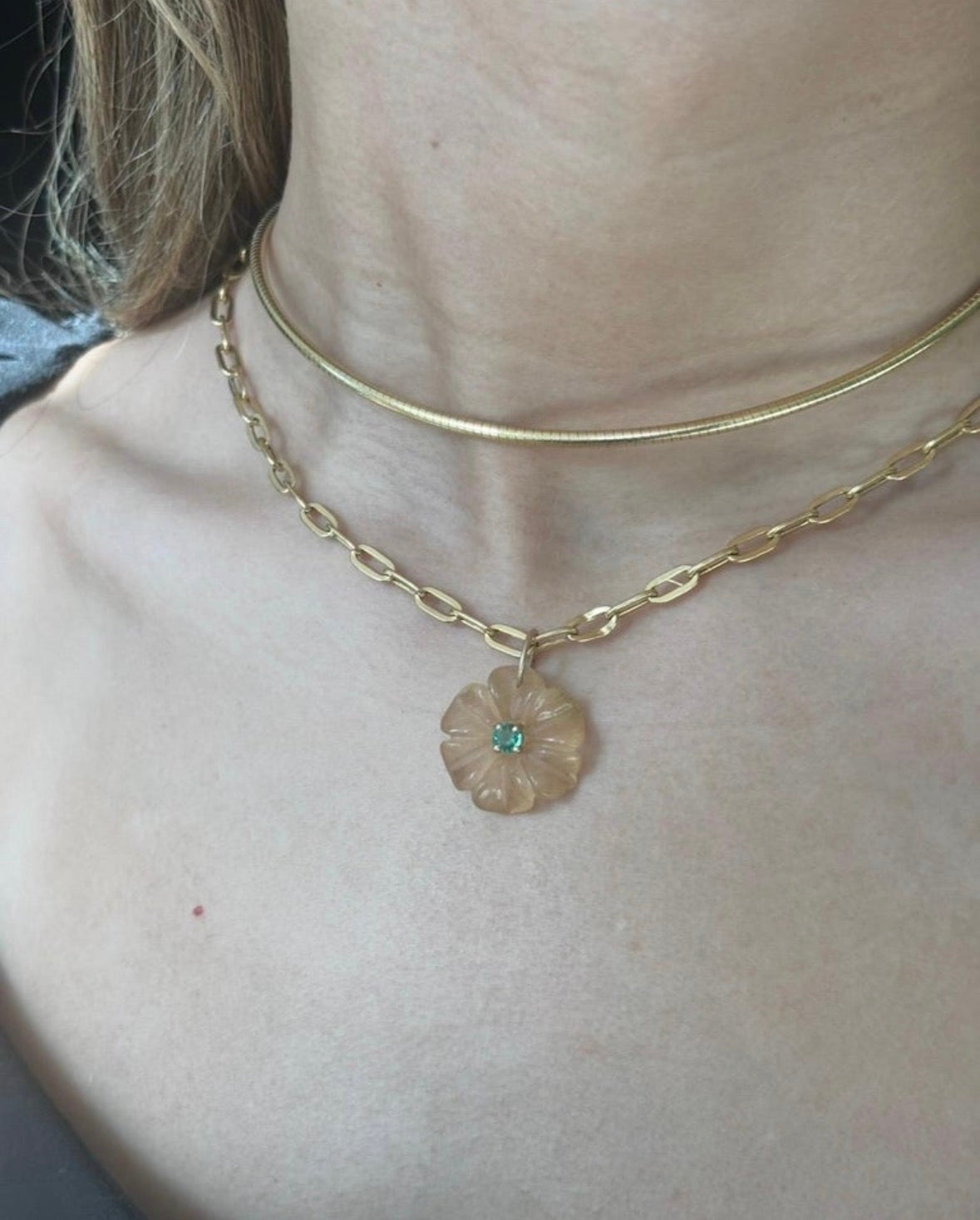 FLORA Pendant, Peach Moonstone with Emerald and 14k Gold