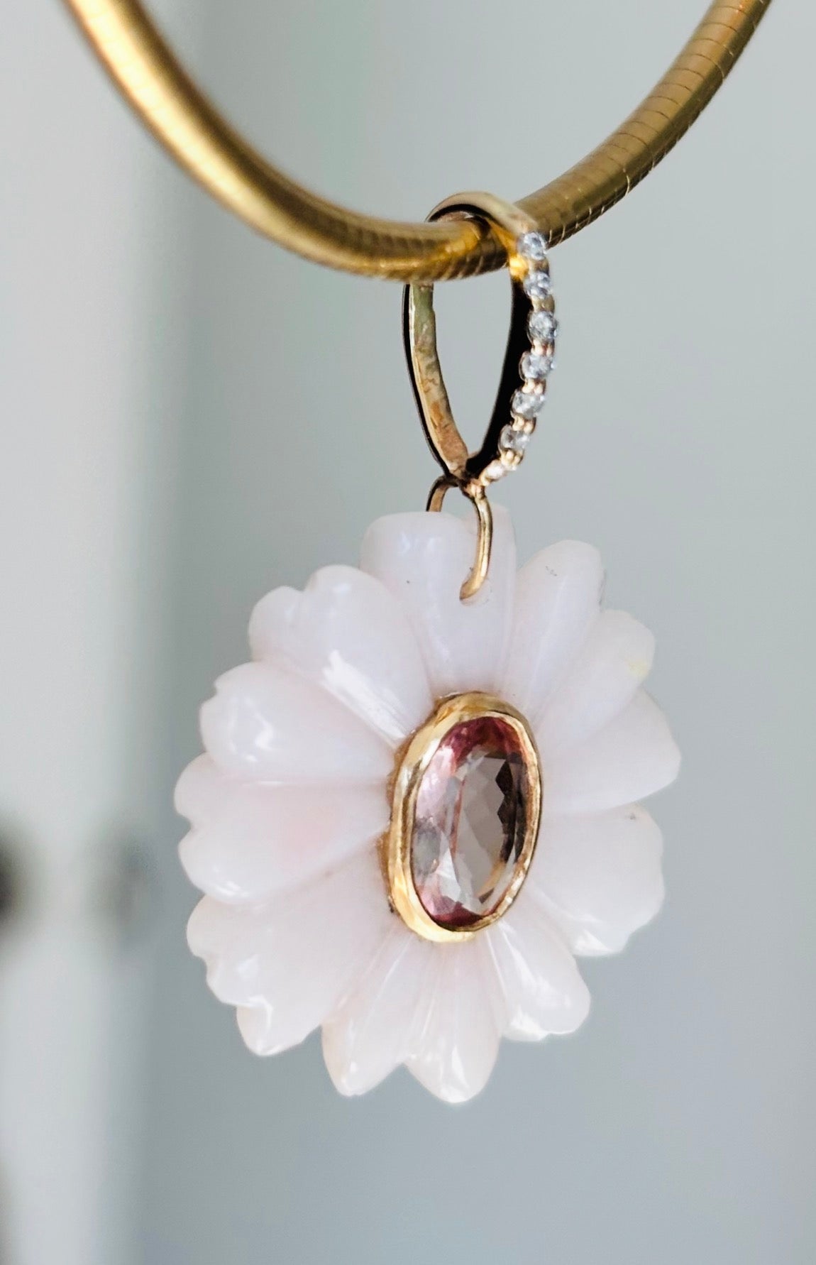 FLORA Pendant, Pink Opal, Tourmaline, Diamonds & 14k Gold