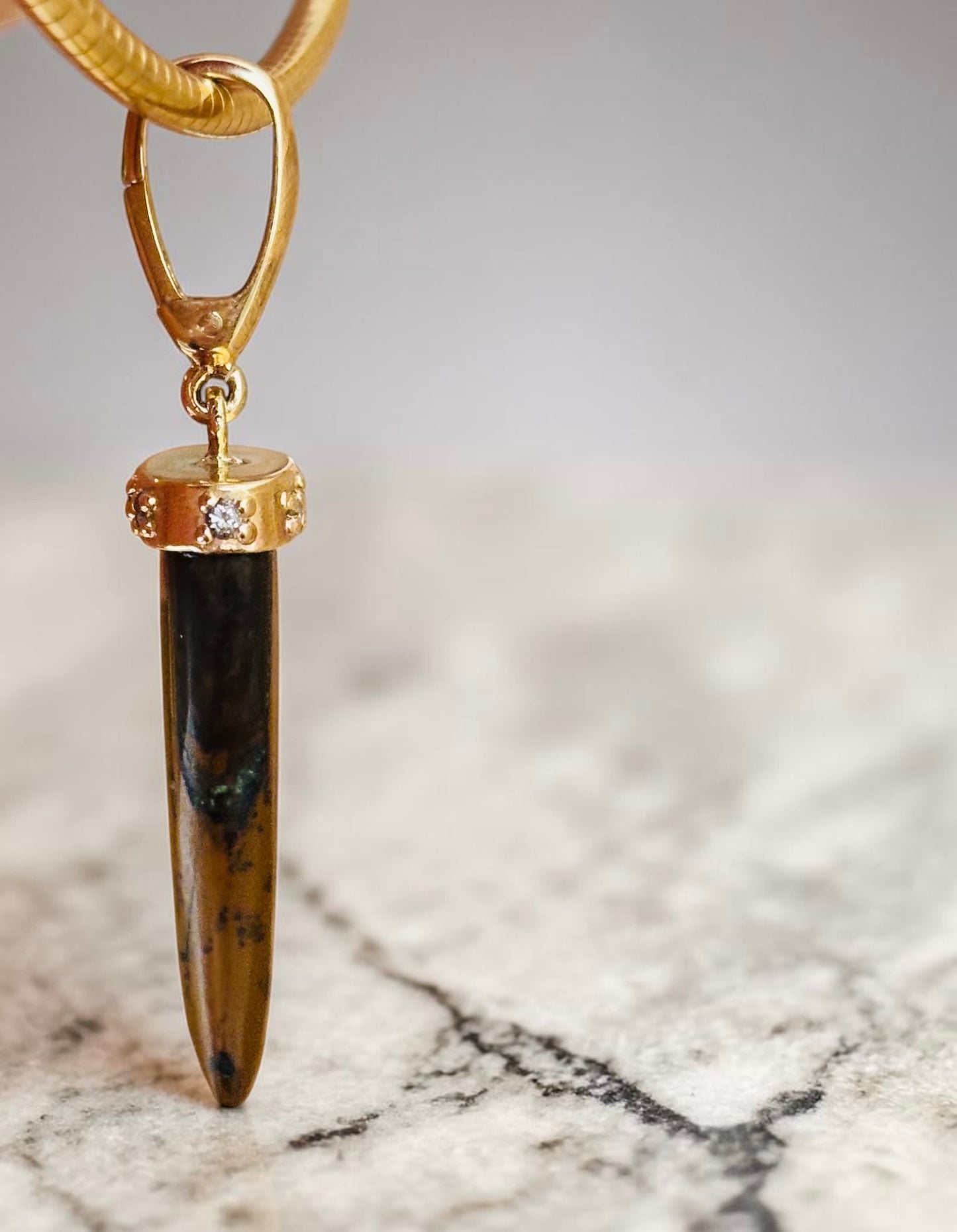 Tiger’s Eye Horn Pendant with Diamonds & 14k Gold