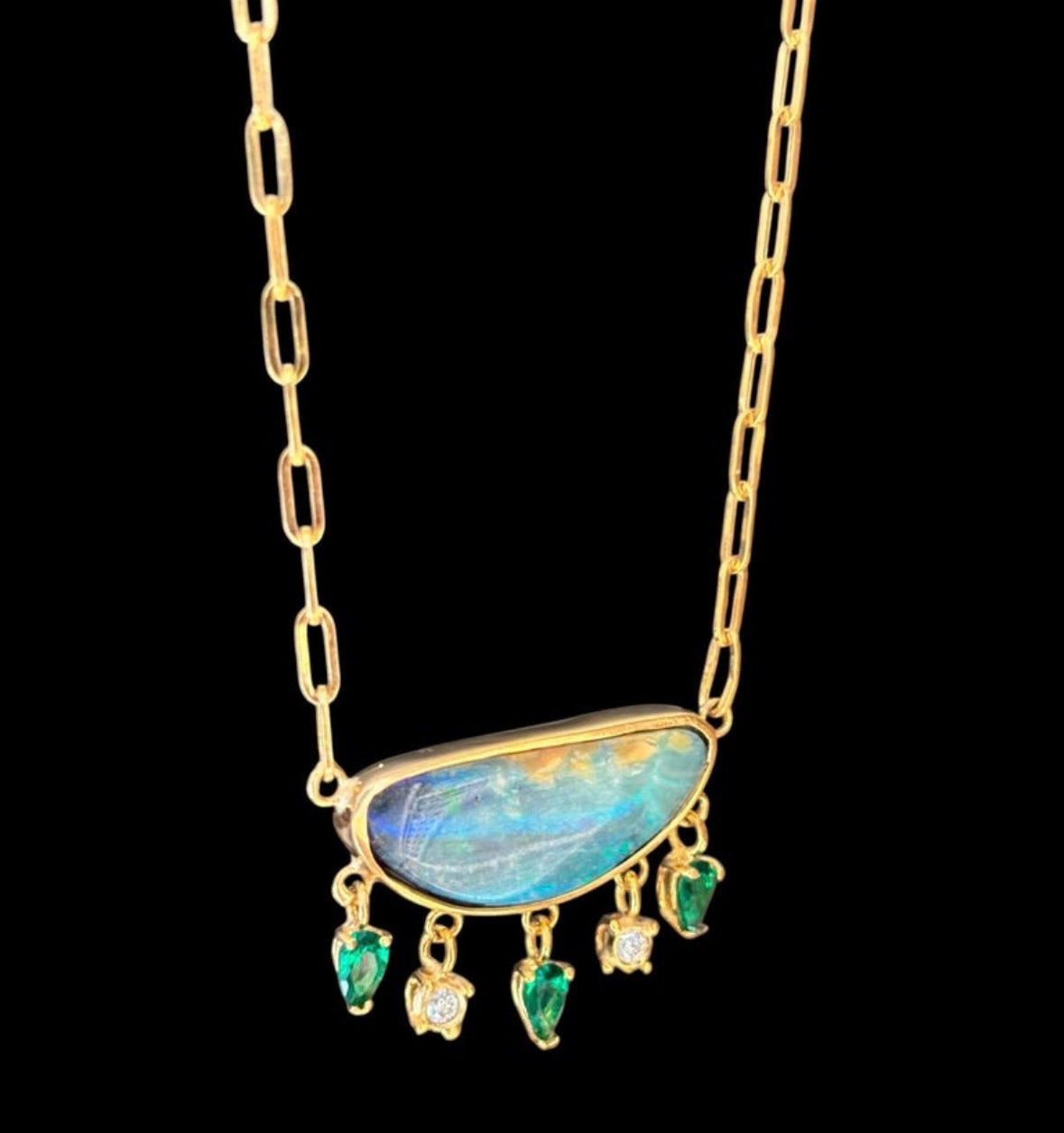 Australian Opal Necklace with Diamonds & Colombian Emeralds, 14k Paperclip Chain