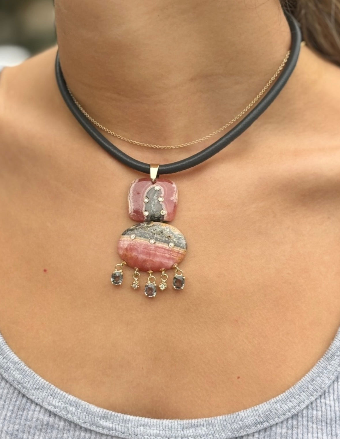 Rhodochrosite Double Pendant with Diamonds & Spinel