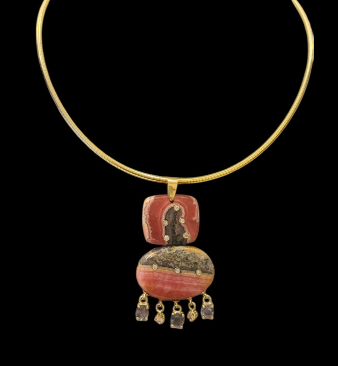 Rhodochrosite Double Pendant with Diamonds & Spinel