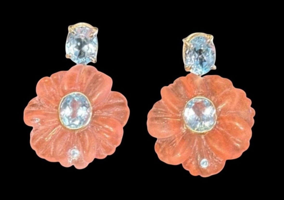 FLORA EARRINGS, Watermelon Quartz, Blue Topaz & 14k Gold