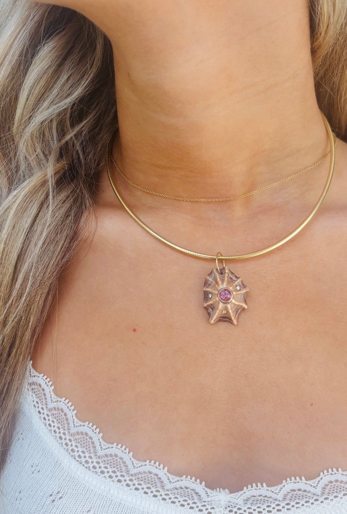 Natural Shell Pendant with Pink Tourmaline & Diamonds