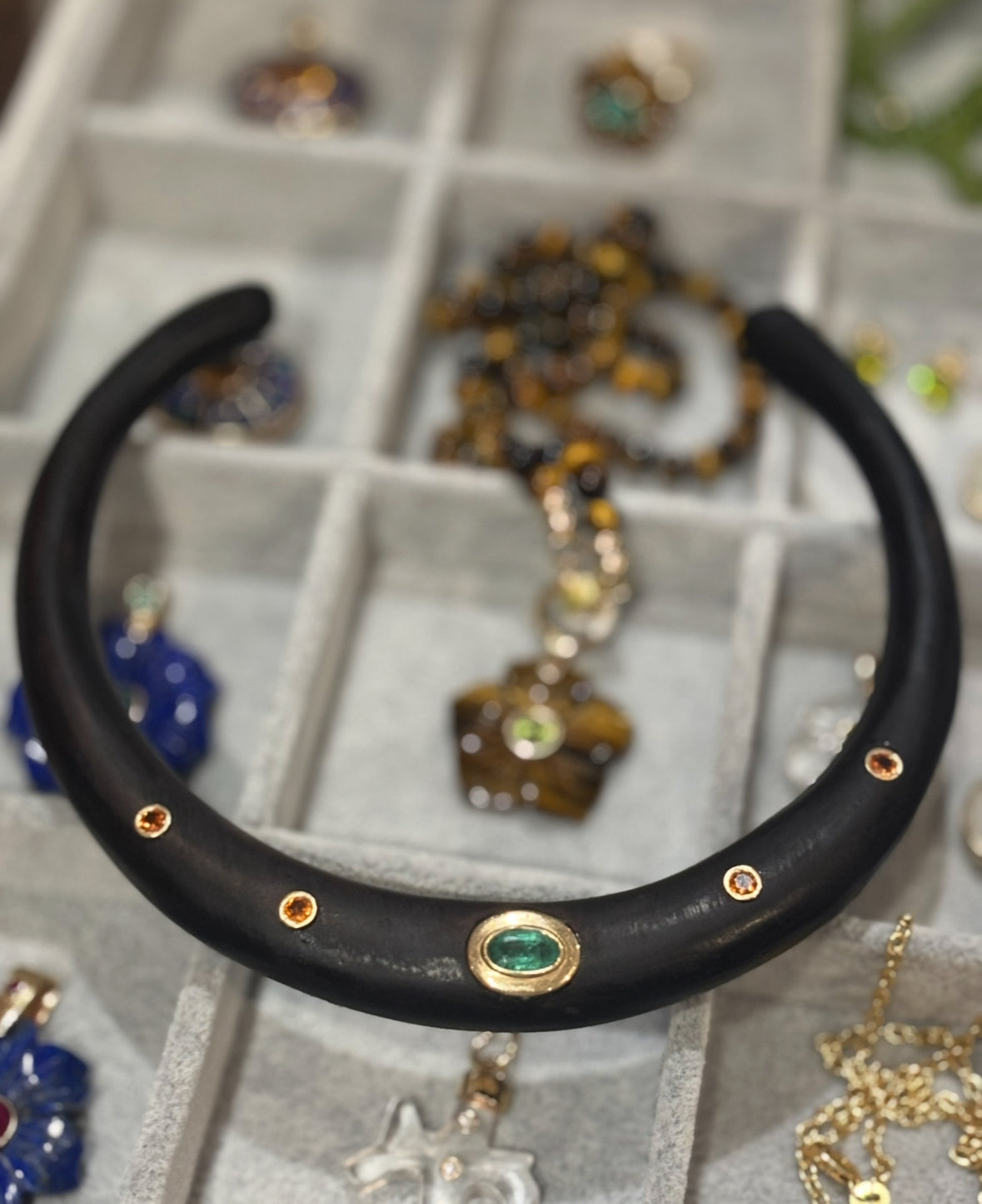 Wood Collar Necklace with Emerald and Mandarin Garnets