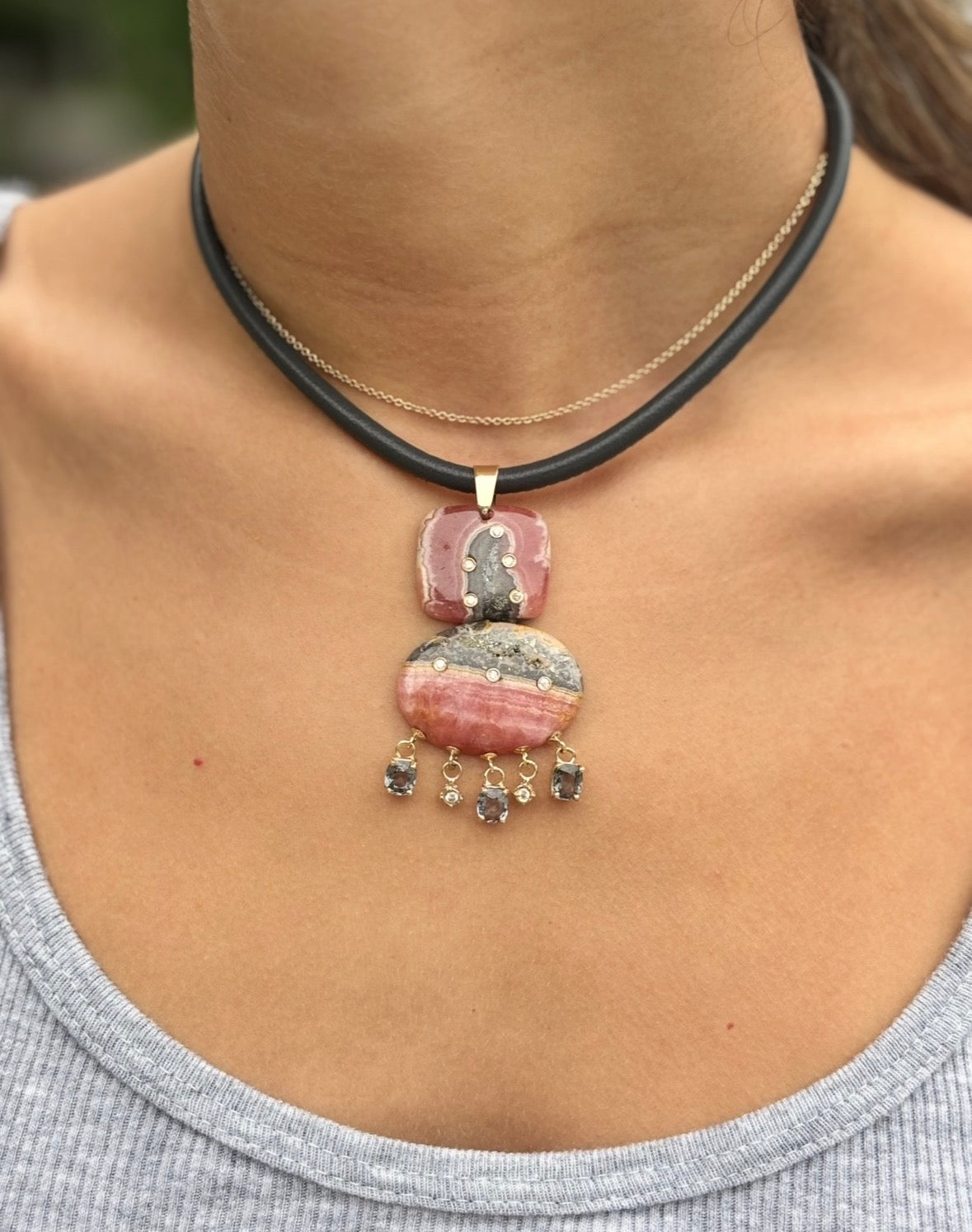 Rhodochrosite Double Pendant with Diamonds & Spinel