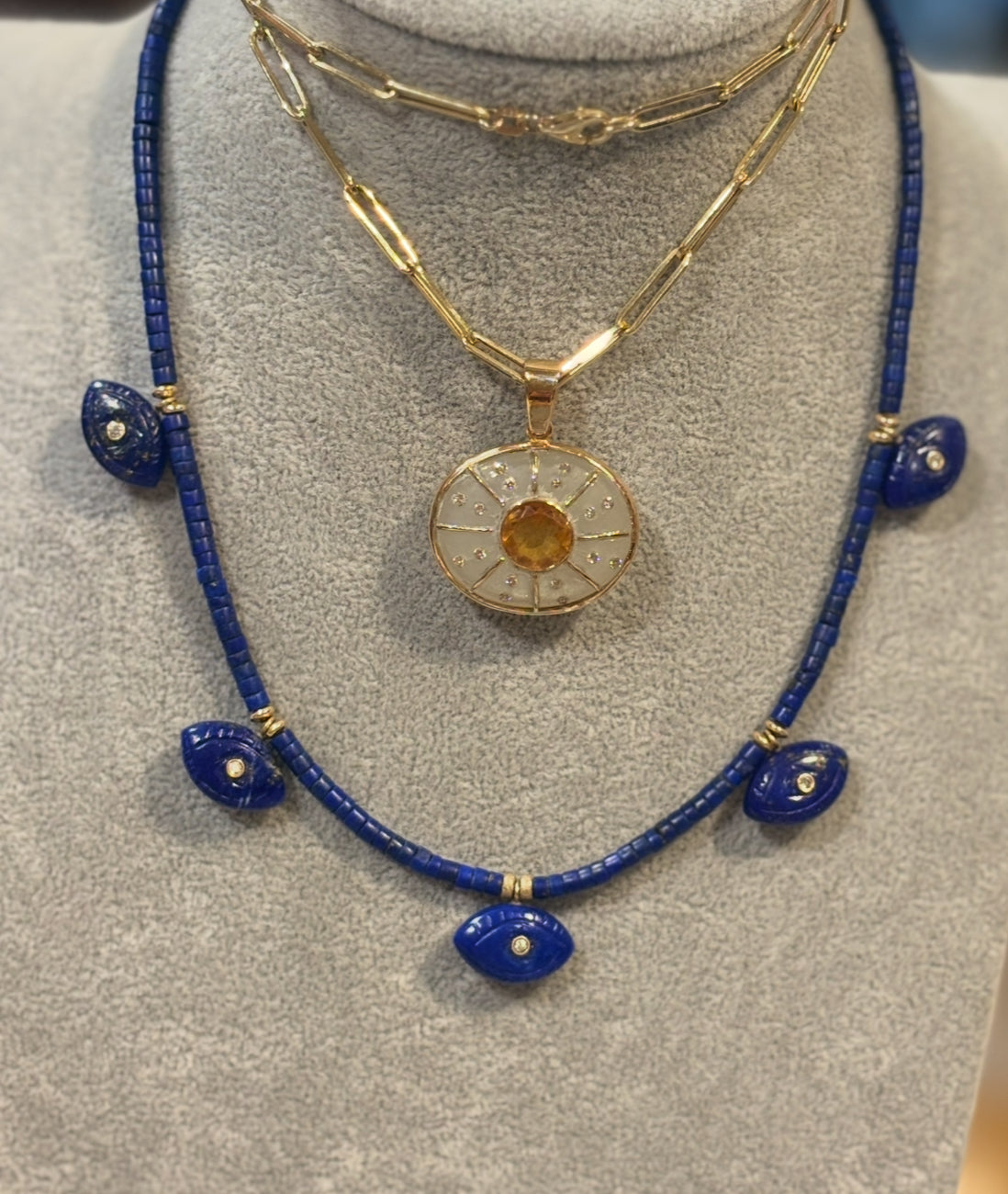Lapis Evil EyeS Necklace with Diamonds & Emeralds