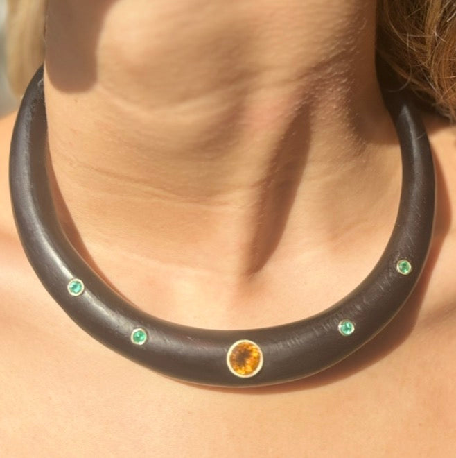 Wood Collar with Citrine & Emeralds