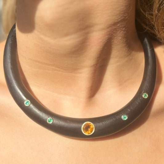 Wood Collar with Citrine & Emeralds