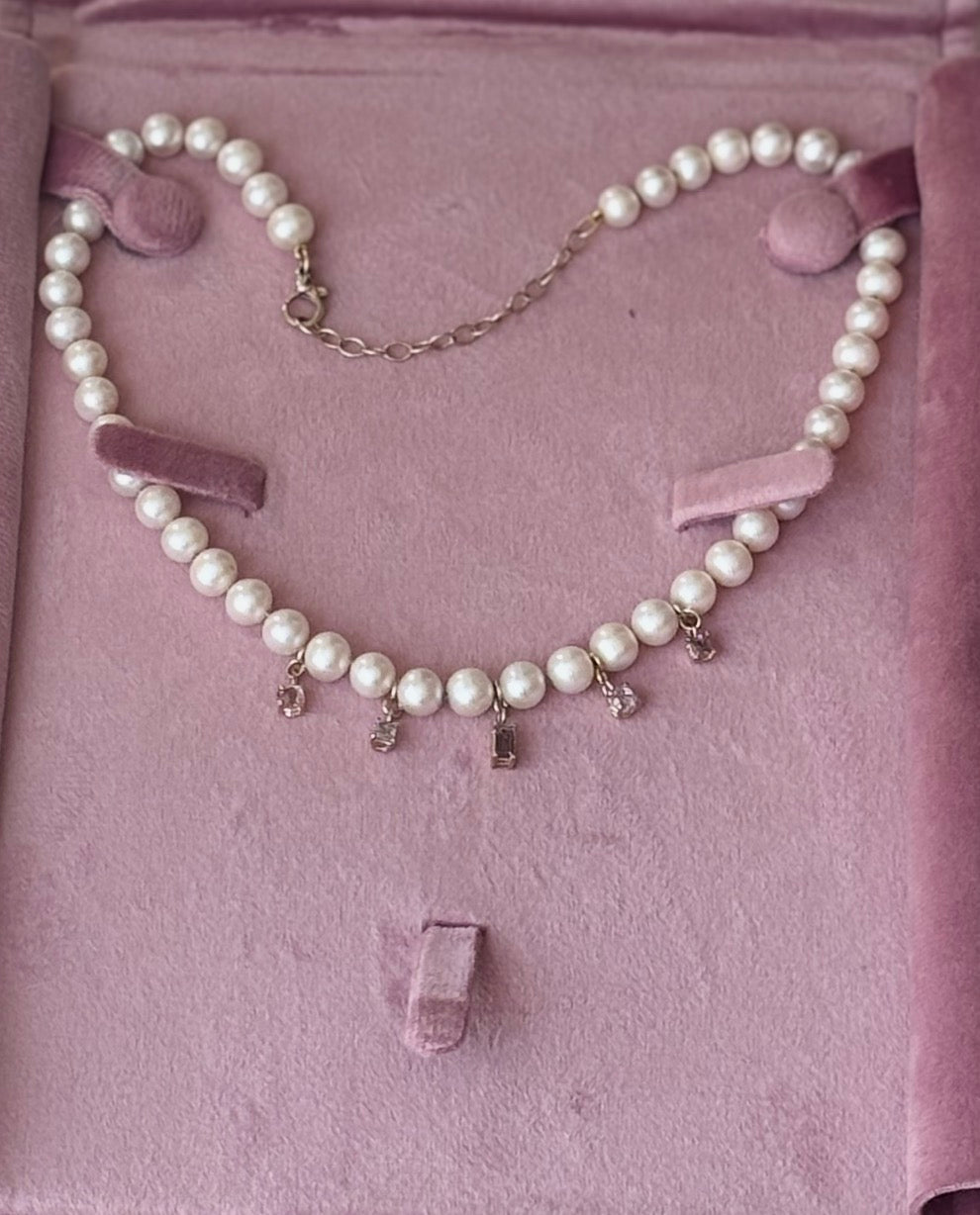 Pearl Necklace with Spinel Gems, wear 14-16”