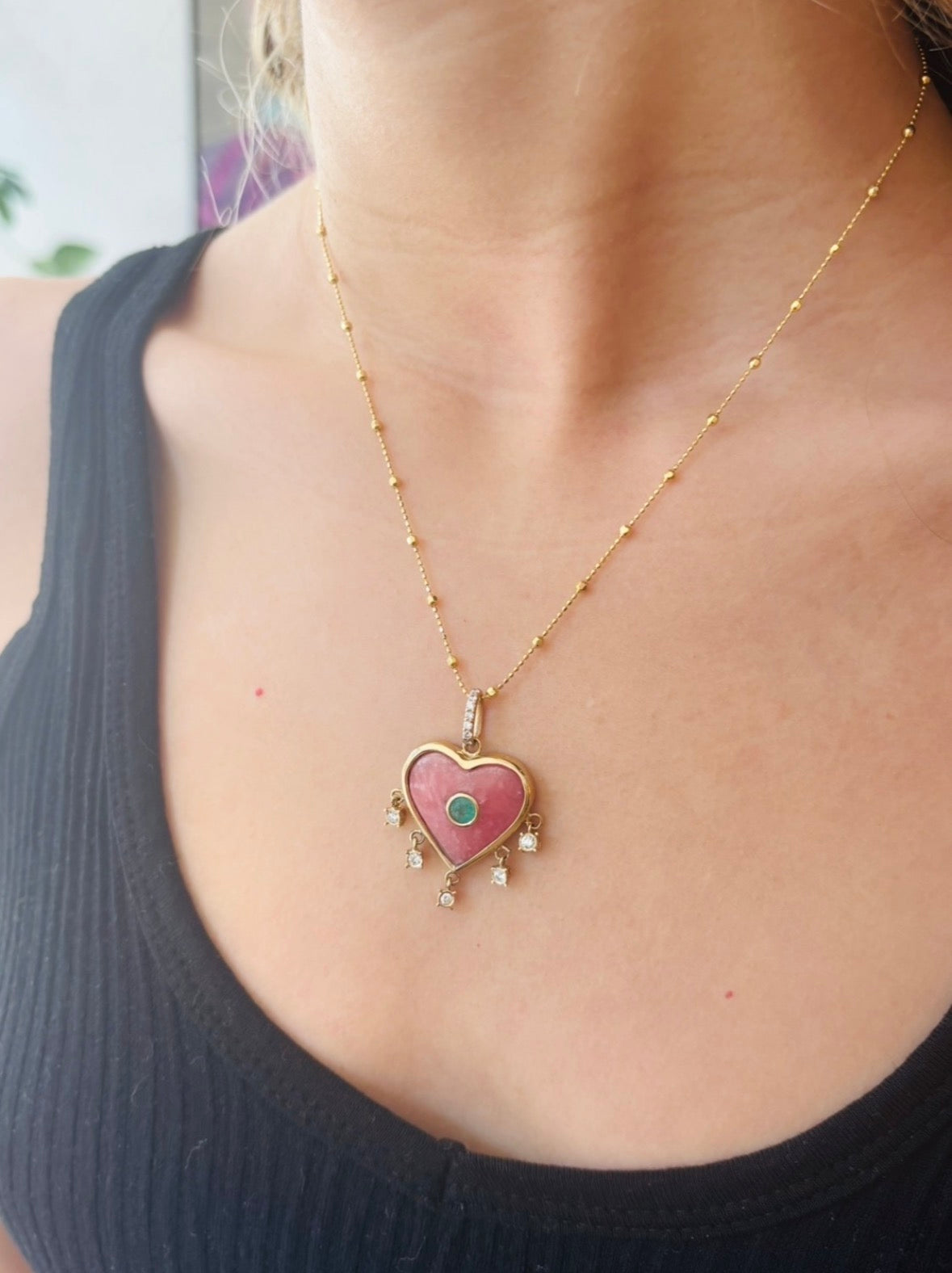 Rhodochrosite Heart Pendant with Emerald & Diamonds