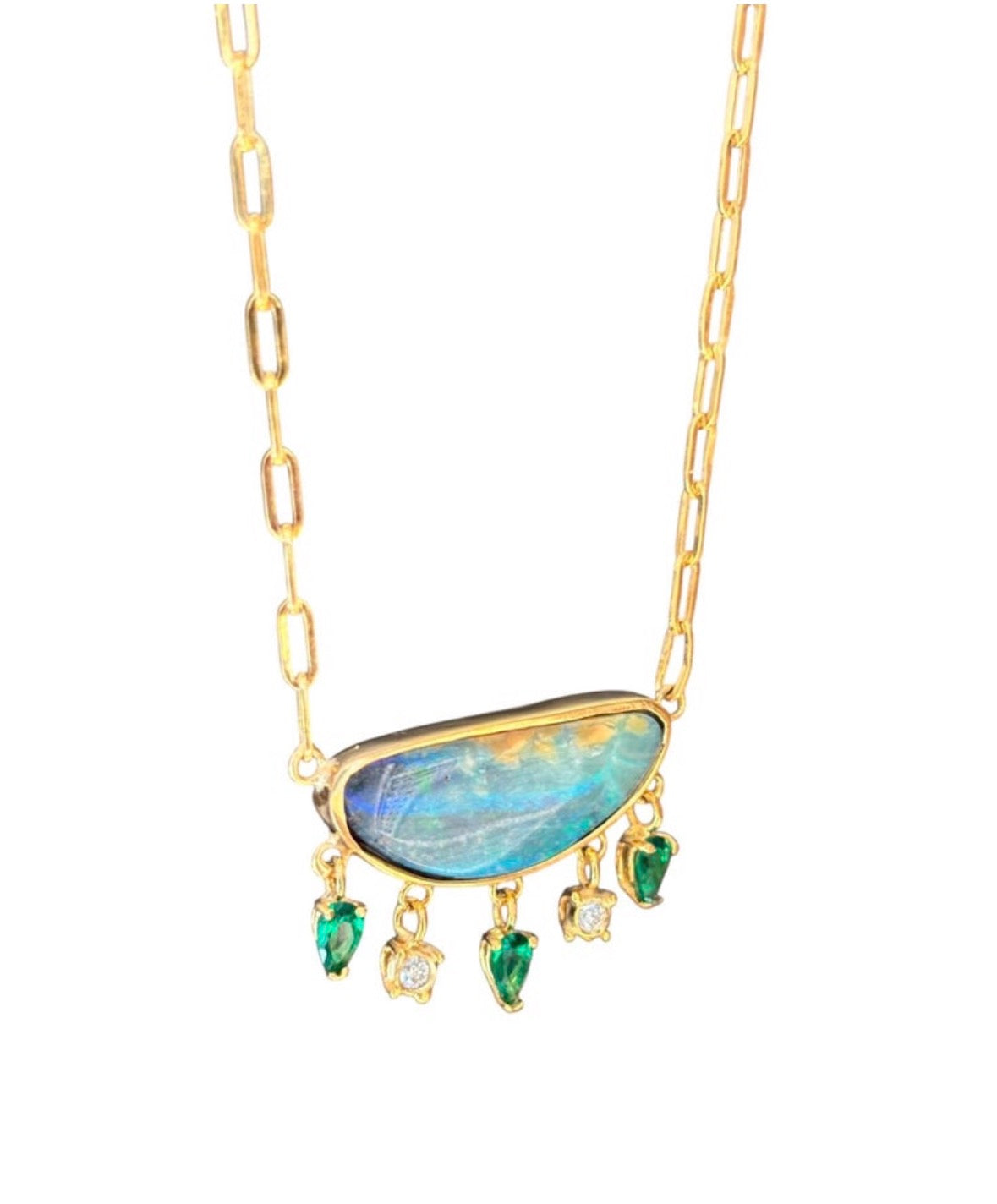 Australian Opal Necklace with Diamonds & Colombian Emeralds, 14k Paperclip Chain