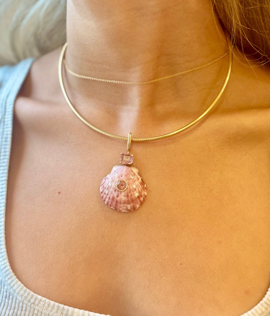 Shell Pendant with Pink Tourmaline & Diamonds