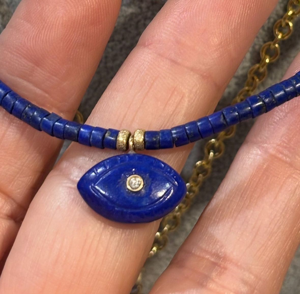 Lapis Evil EyeS Necklace with Diamonds & Emeralds
