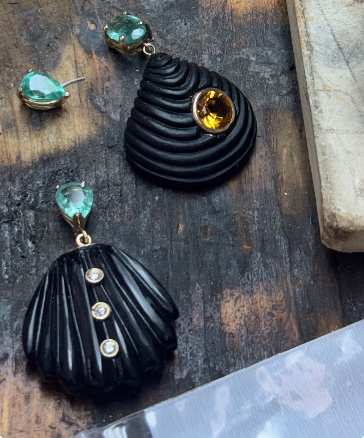 Carved Shell, Matte Black Onyx with Citrine & Emerald