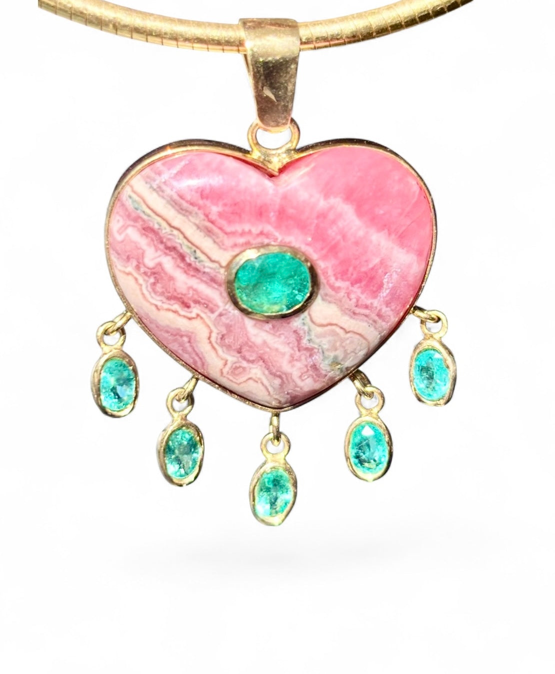 Rhodochrosite Large Heart Pendant with Emeralds