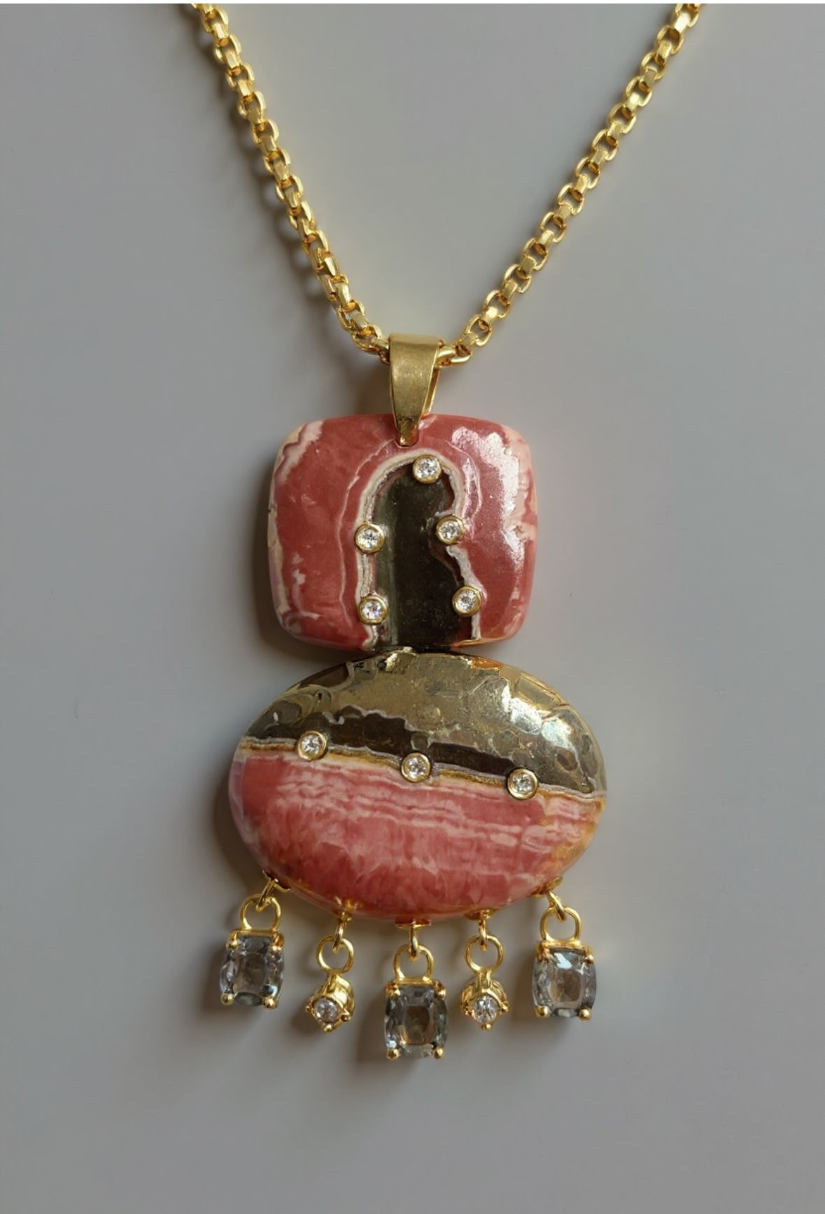 Rhodochrosite Double Pendant with Diamonds & Spinel