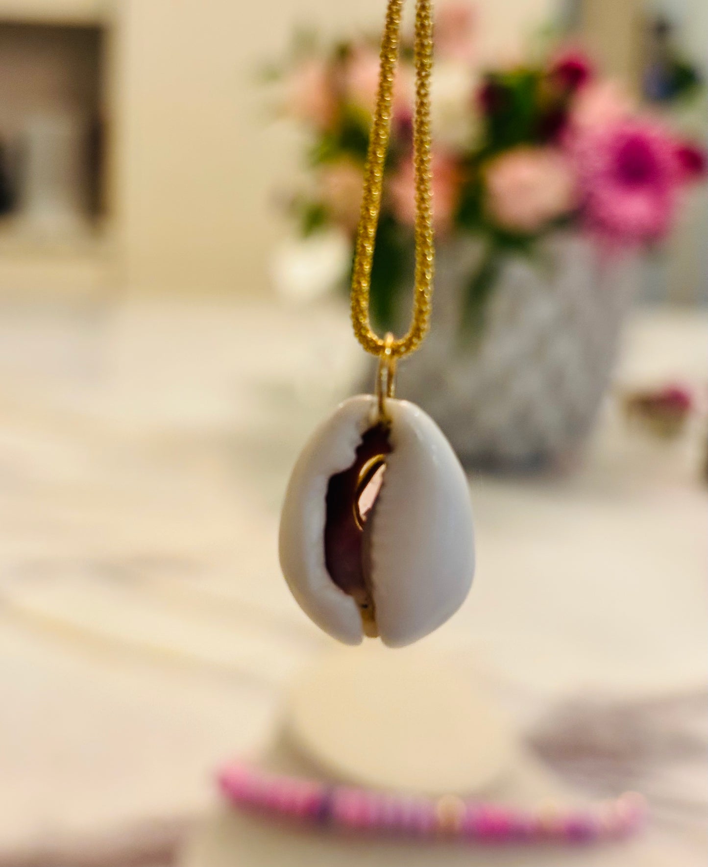 White/Purple Shell Pendant with Pink Tourmaline