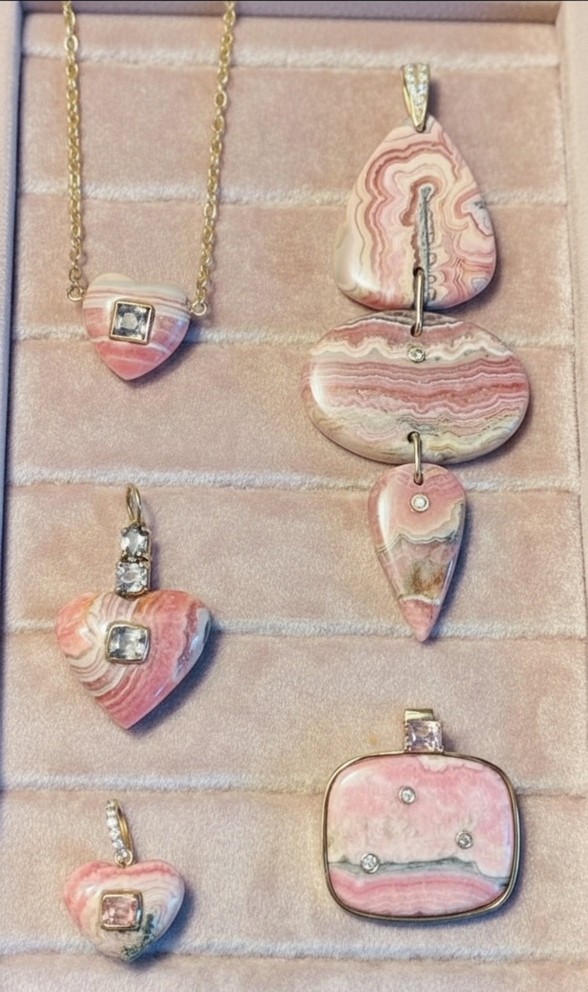 Rhodochrosite Triple Pendant with Diamonds