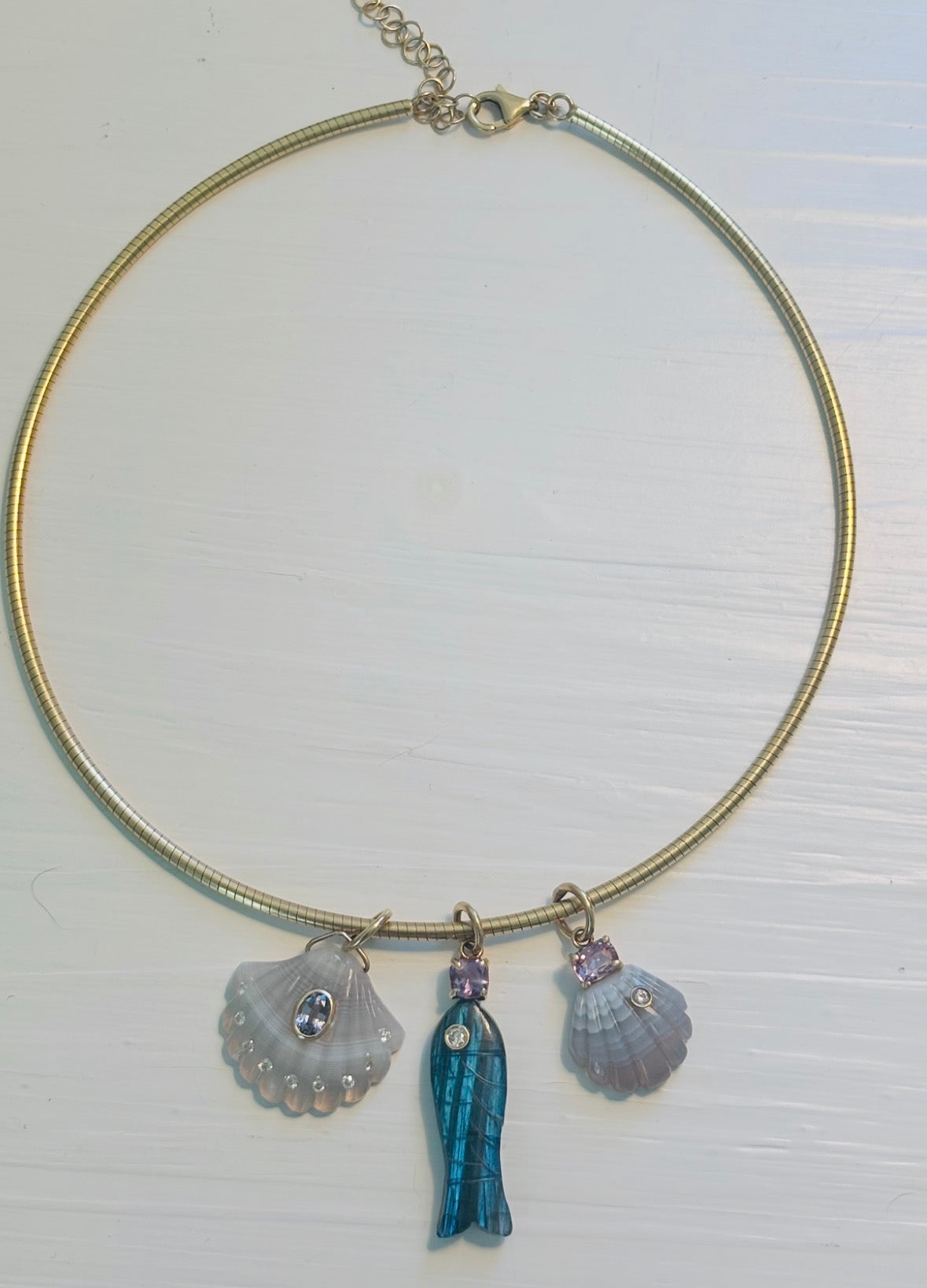 Perfect Poisson, Labradorite Fish Pendant with Diamond and Pink Spinel