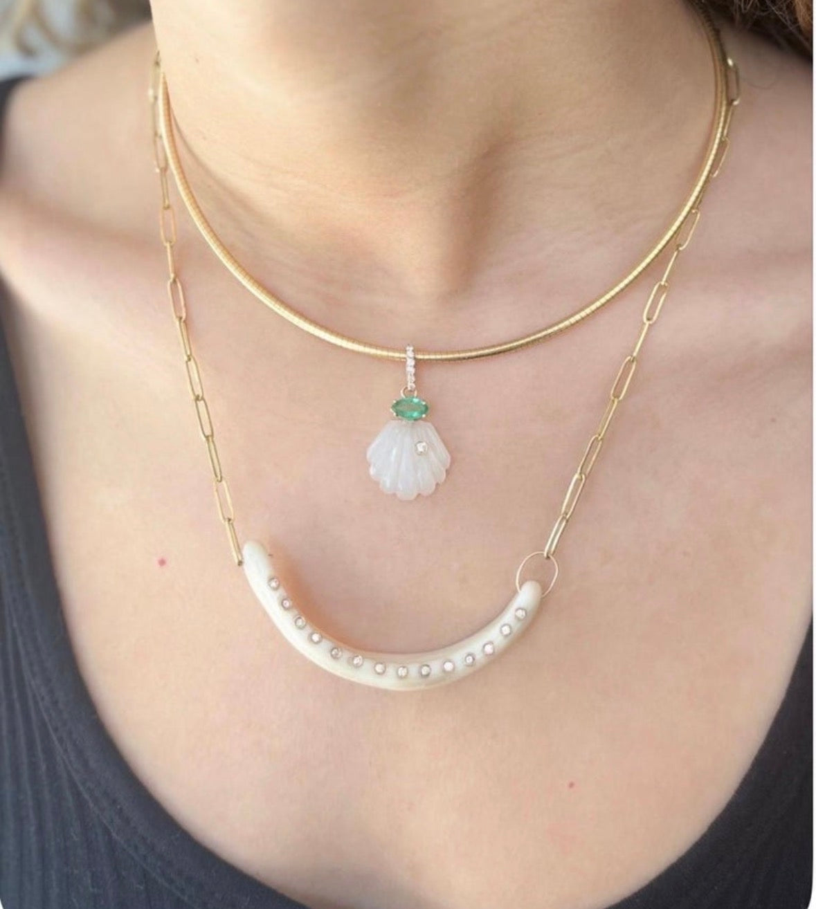 Moonstone Shell Pendant with Diamonds, Emerald and 14k Gold
