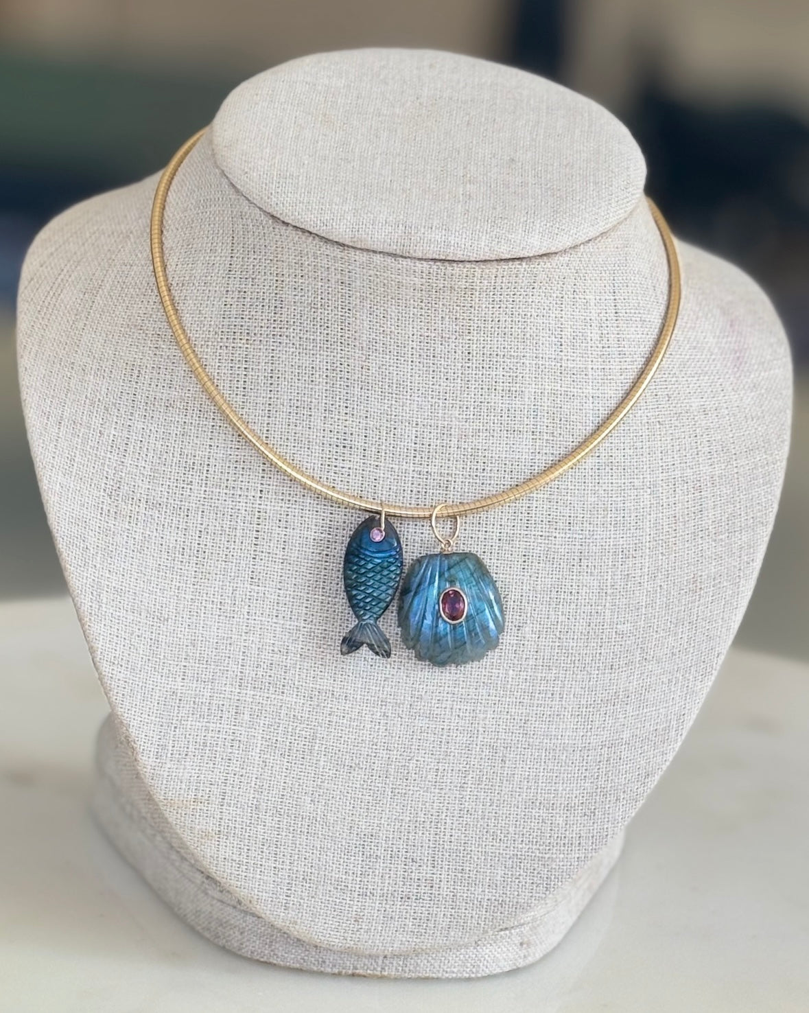 Labradorite Shell Pendant with Pink Tourmaline & 14k Gold