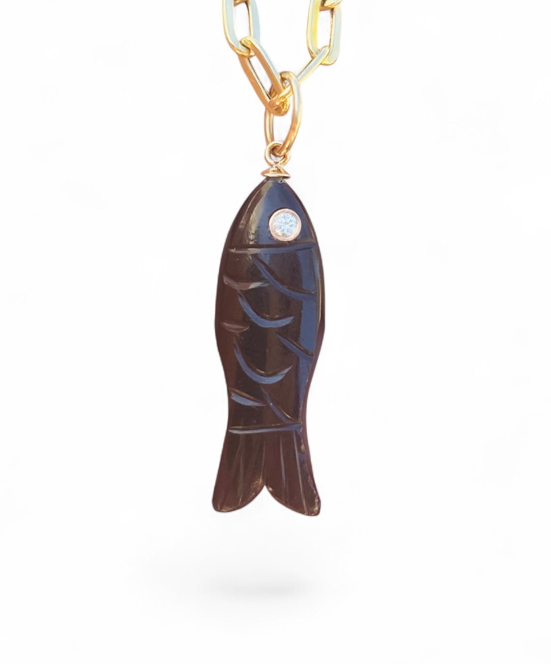 Triple Gem Fish Pendant, Black Onyx with Diamond & Emerald Eyes