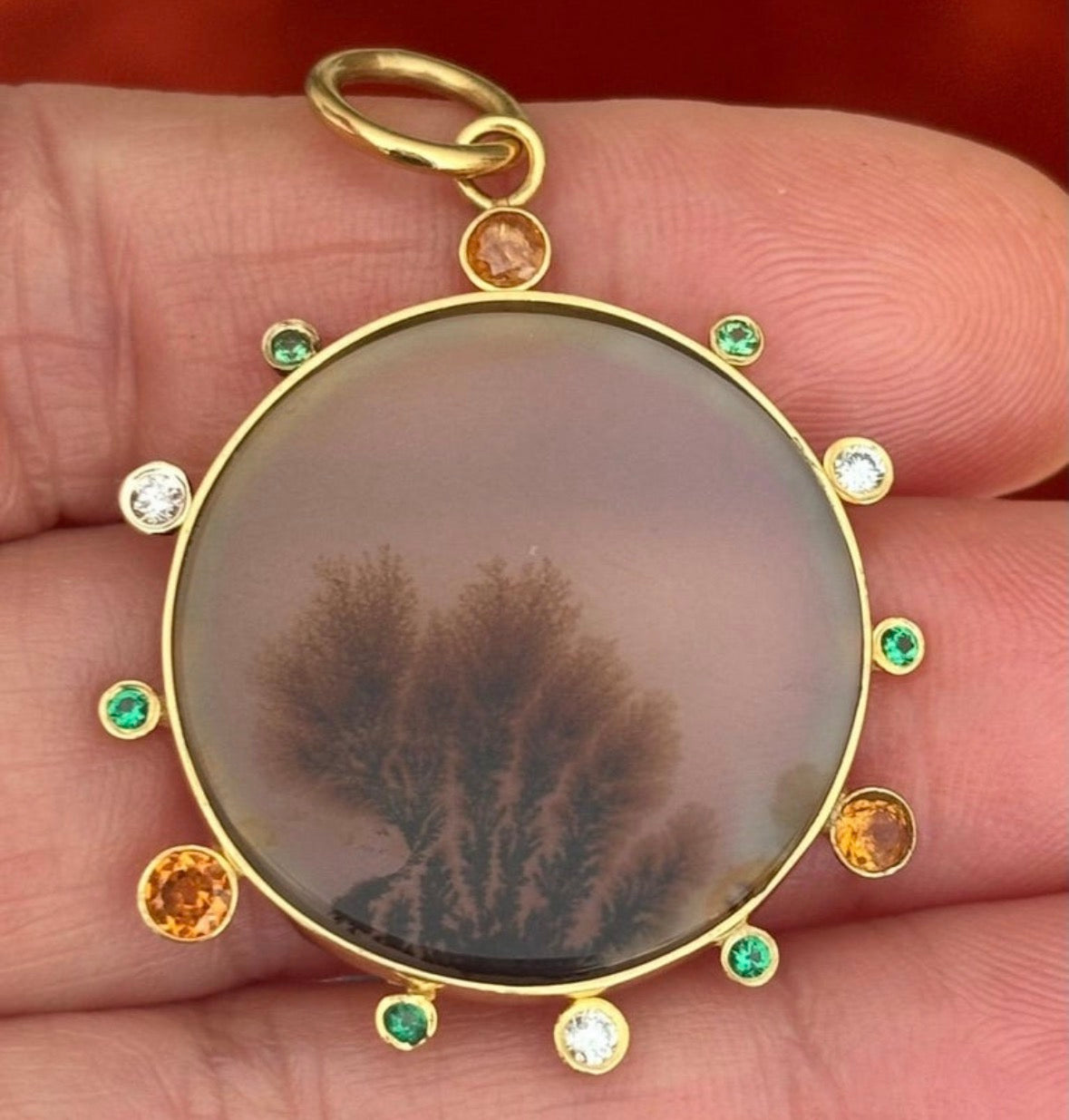 Dendritic Agate Pendant with Emeralds, Mandarin Garnets and 14k Gold