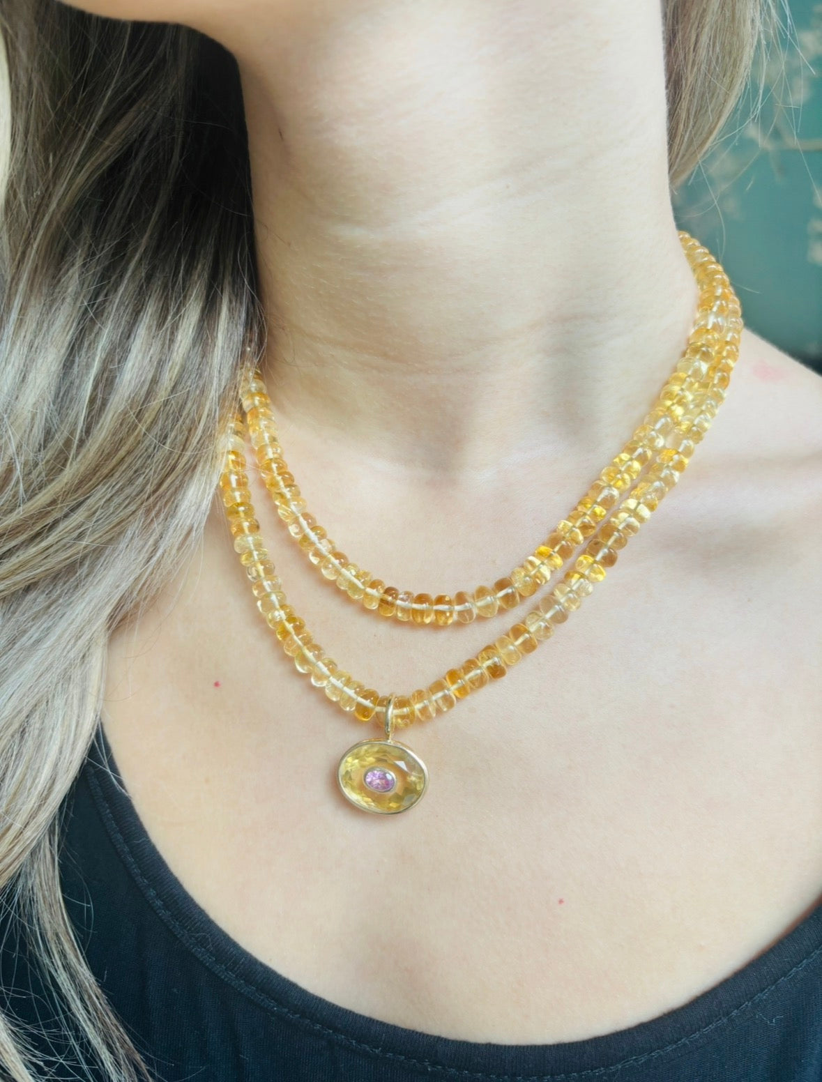DISCO Pendant, Citrine with Pink Sapphire