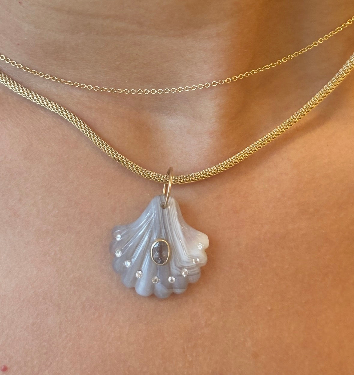 Laguna Agate Shell Pendant with Light Grey Spinel & Diamonds