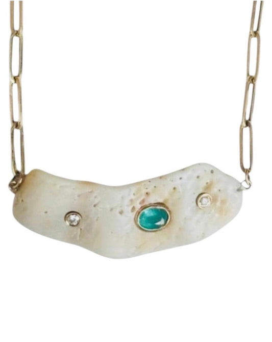 Shell Necklace with Emerald and Diamonds, Paperclip Chain