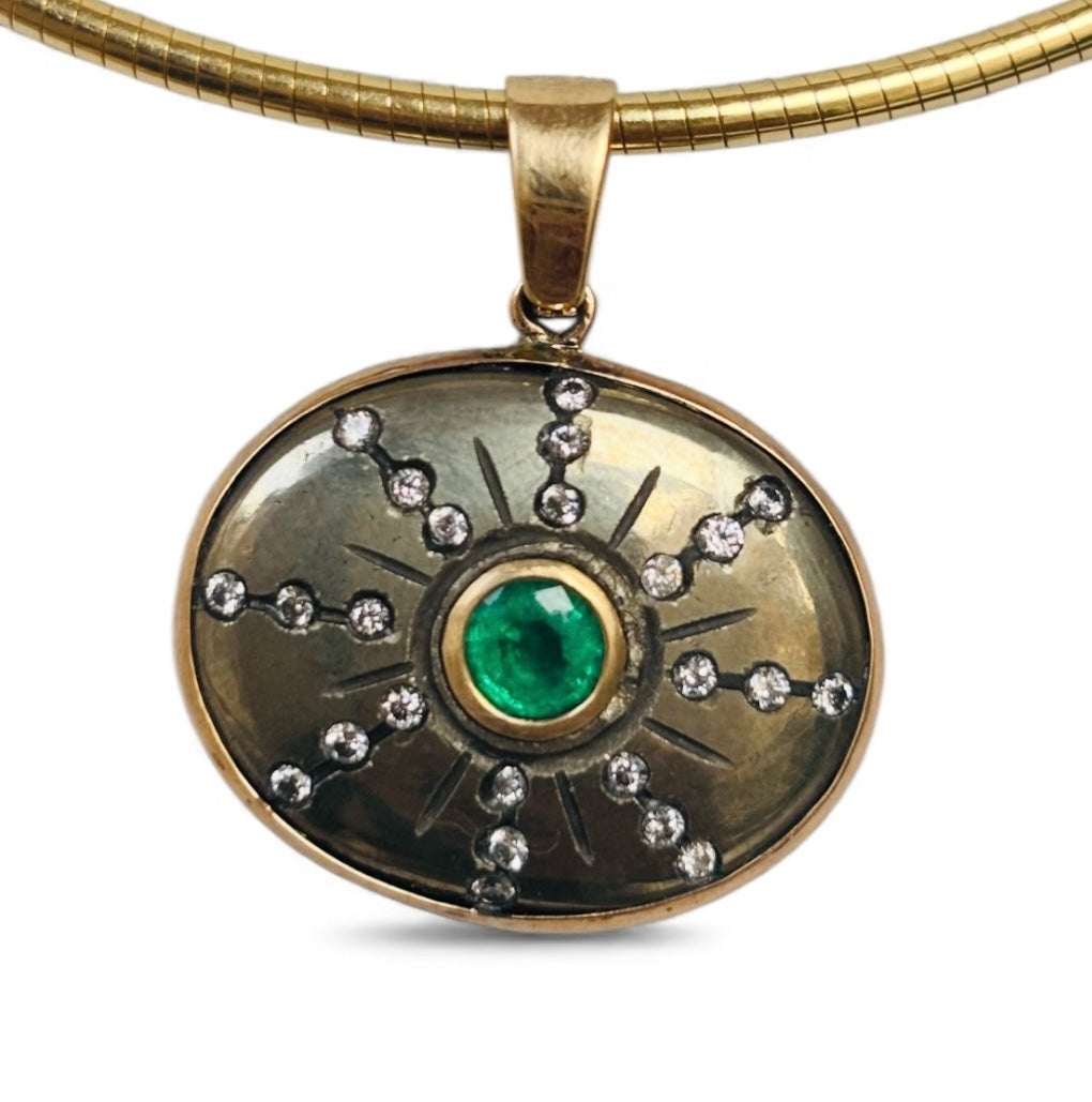 SOL Pendant, Pyrite with Emerald & Diamonds