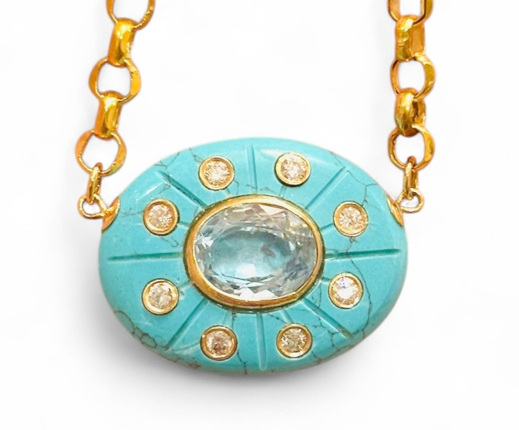 SOL Necklace, Turquoise, Sky Blue Topaz & Diamonds