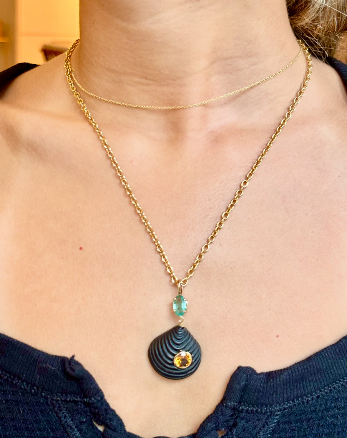 Carved Shell, Matte Black Onyx with Citrine & Emerald